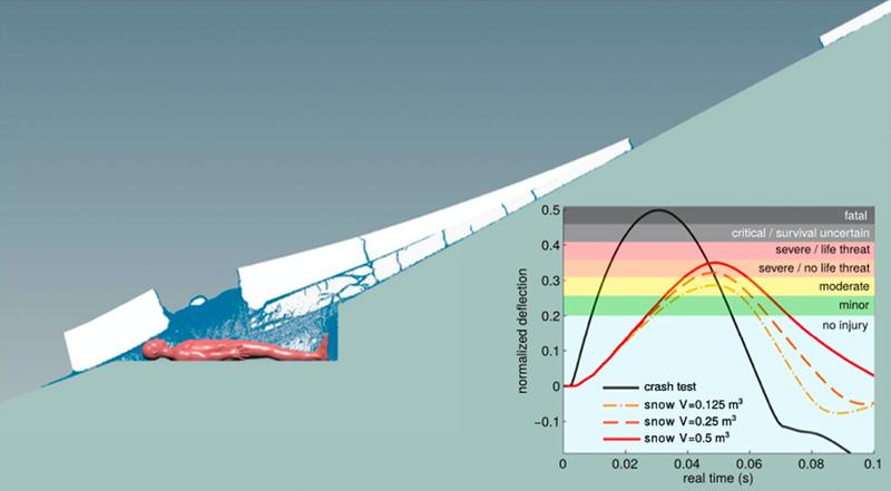 Simulation der Dynamik einer Schneebrettlawine und ihrer Auswirkungen auf den menschlichen Körper.