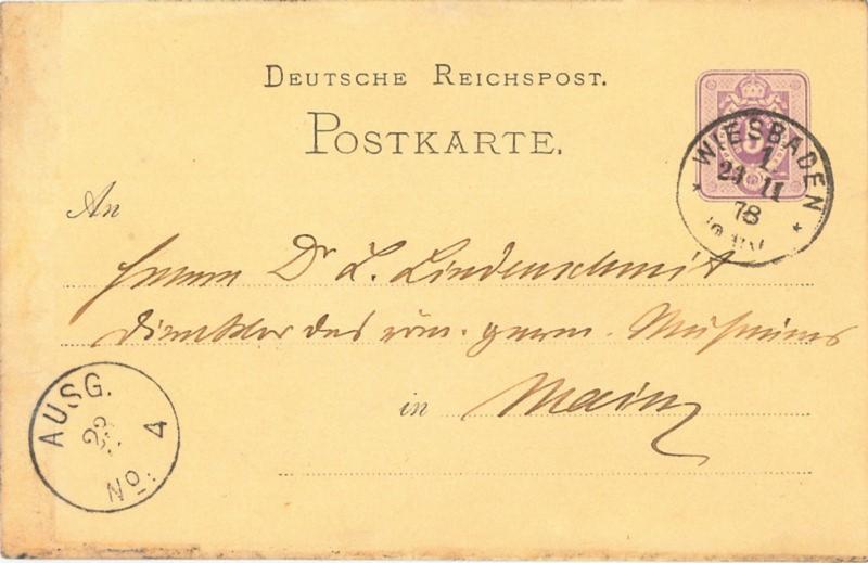 Postkarte von Karl August von Cohausen an Ludwig Lindenschmit d. Ä. vom 23.11.1878 aus dem Archiv des RGZM (LLA 017/006) - Vorderseite.