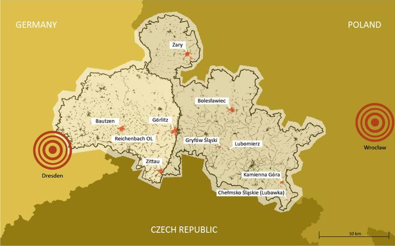 Lage der Partnerstädte des Projekts REVIVAL! im Fördergebiet INTERREG Polen-Sachsen 2014-2020.