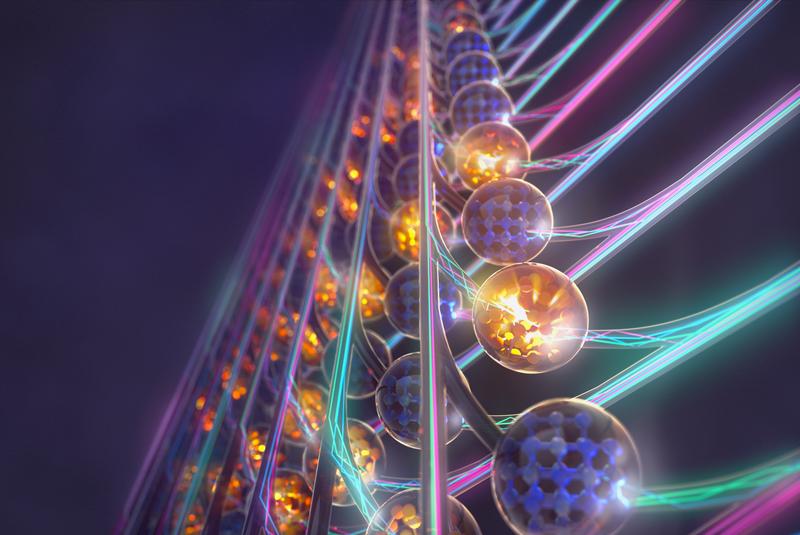 Die Ausbreitung von Licht in einer Matrix aus Phasenwechselmaterialien, das Prinzip des photonischen Prozessors (schematisch dargestellt)