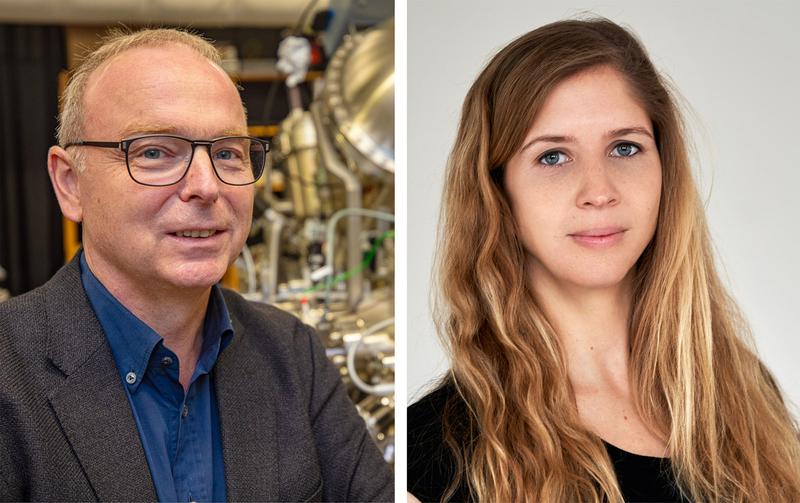 Prof. Dr. Armin Gölzhäuser und Dr. Natalie Frese von der Fakultät Physik haben SARS-CoV-2 mit dem Heliumionen-Mikroskop untersucht. Foto links: Universität Bielefeld/M.-D. Müller, Foto rechts: Thomas Popien