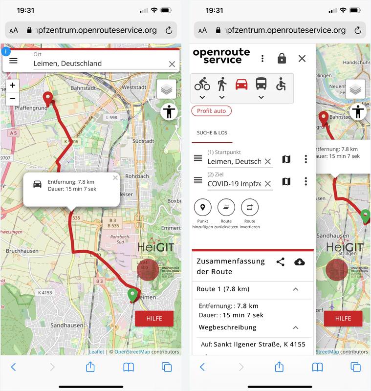 Darstellung der berechneten Route zum Impfzentrum und weiteren Details und Wegbeschreibung auf einem Smartphone