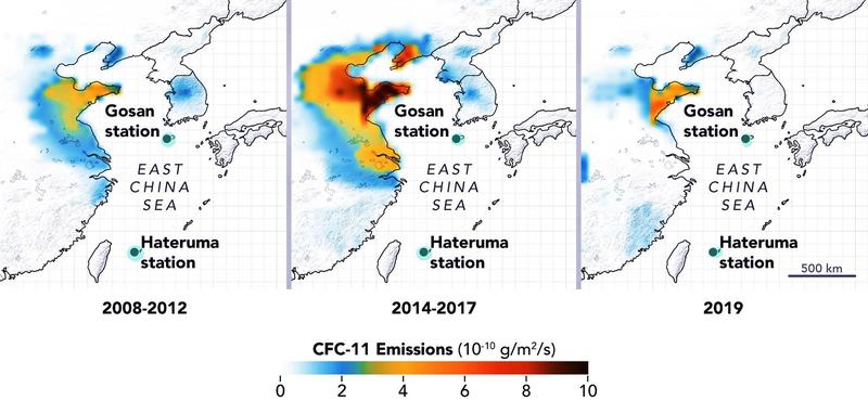 CFC-11-Hotspots: Die CFC-11-Emissionen stiegen zwischen 2008 und 2012 in Chinas Nordosten stark an. Besonders die Provinzen Shandong und Hebei trugen zu den steigenden Messwerten bei. Erfreulicherweise sanken die Emissionen im Jahr 2019 ab.