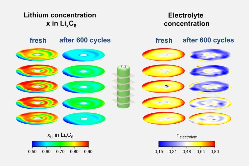 Farblich gekennzeichnete Konzentration von Lithium (links) und Elektrolyt (rechts) in einer frischen und einer gealterten (600 Lade- bzw. Entladezyklen) Lithium-Ionen Zelle.