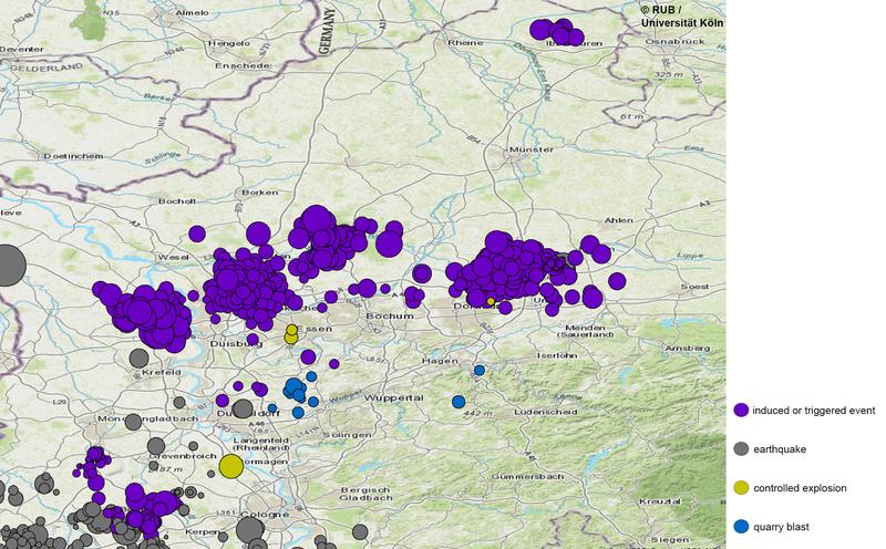  Big Data aus dem Untergrund: Im Projekt PostMinQuake wertet das FZN viele unterschiedliche Geoinformationen aus – hier zu sehen: mikroseismische Erschütterungen im Ruhrgebiet im Zeitraum 2010-2020. 