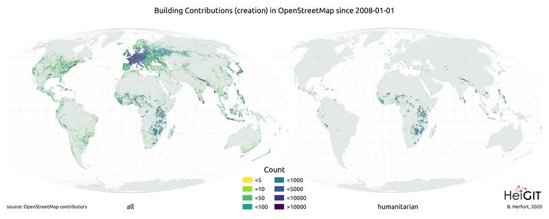 Links: Räumliche Verteilung aller Gebäude, die seit 2008 zur OpenStreetMap hinzugefügt wurden; rechts: räumliche Verteilung der Gebäude, die durch humanitäres Mapping im „HOT Tasking Manager“ ergänzt wurden.