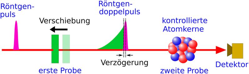 Abb. 1: Schematischer Aufbau des Experiments. Der in der ersten Probe erzeugte Doppelpuls induziert eine Quantendynamik in den Atomkernen der zweiten Probe, die durch die Verzögerung eines Teils des Doppelpulses kontrolliert werden kann.