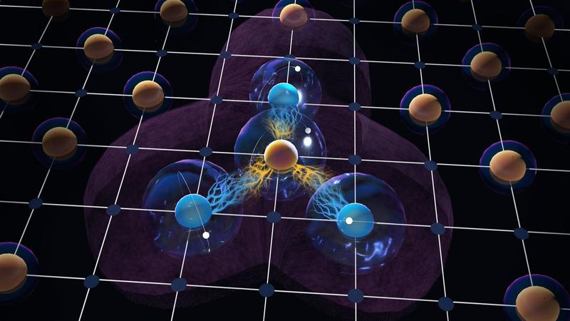 Darstellung eines Mehrteilchen-Quantengatters mit gefangenen Rydbergatomen. Ein zentrales Qubit kontrolliert den Zustand von mehreren benachbarten Qubits über die starke Wechselwirkung zwischen Rydbergatomen.