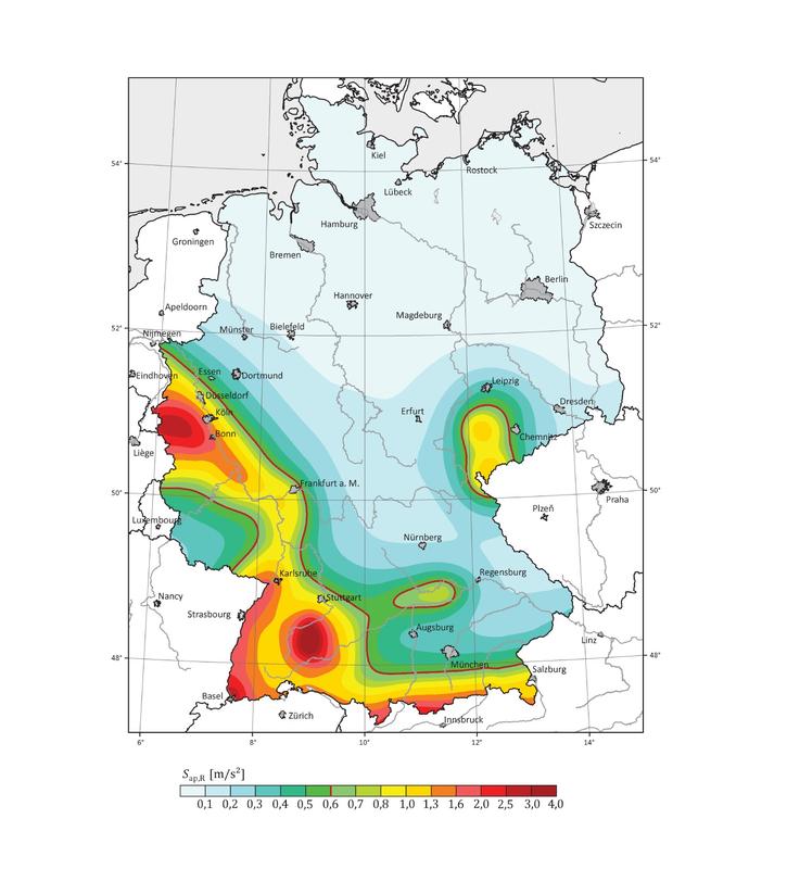 Darstellung der räumlichen Verteilung der spektralen Antwortbeschleunigung für ein exemplarisches Untergrundverhältnis für eine Wiederkehrperiode von 475 Jahren.