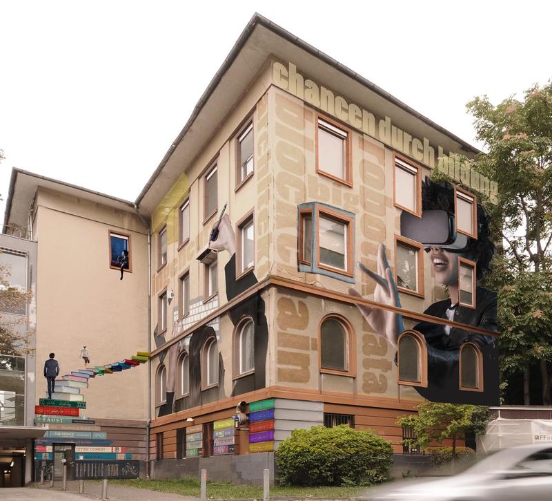 Das Gebäude 8 der Frankfurt UAS soll dank der Fassadenkunst von Philipp Schäfer – hier sein Entwurf – zum Blickfang an der Nibelungenallee werden. Bildquelle/Entwurf: © Philipp Schäfer