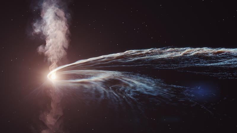 Rauchender Colt: Rund die Hälfte der Trümmer des zerrissenen Sterns wurden gleich wieder ins All zurückgeschleudert, während der Rest eine hell strahlende Akkretionsscheibe um das zentrale supermassereiche Schwarze Loch gebildet hat.