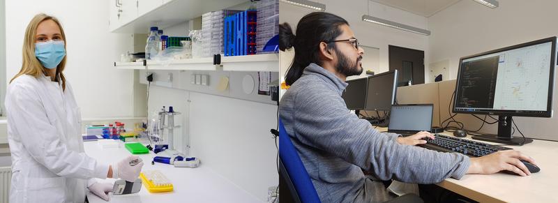 Dr. Dorothea Bankwitz (l.), Erstautorin der Studie, hat die Arbeiten im Labor durchgeführt. Die gewonnenen Daten hat Akash Bahai (r.) mit bioinformatischen Mitteln ausgewertet.