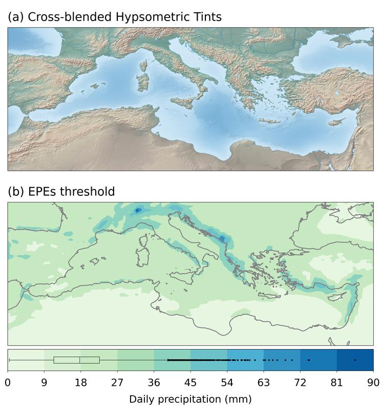 (a) Orography of studied area, (b) Intensity of extreme daily precipitation across the domain. 