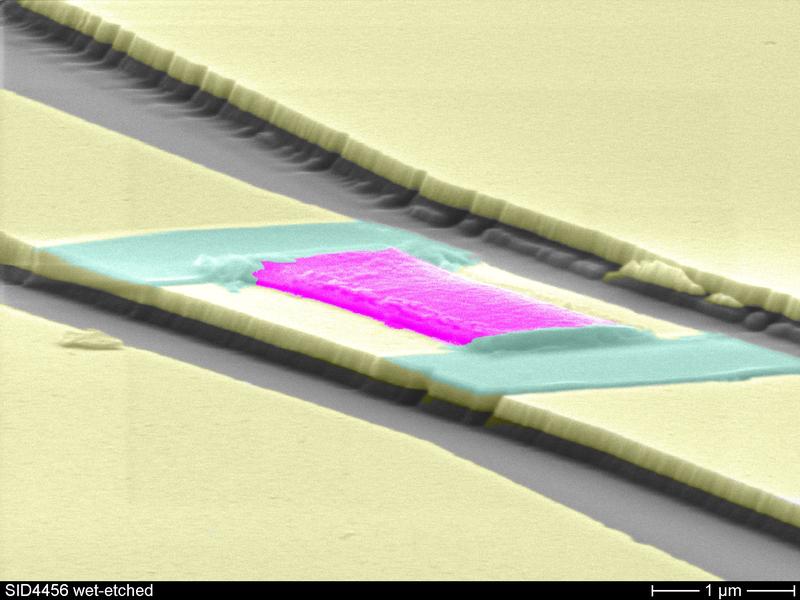 Eingefärbte Aufnahme aus dem Elektronenmikroskop (pink: YIG-Brücke, grün: Klebstoff, grau: Saphir)
