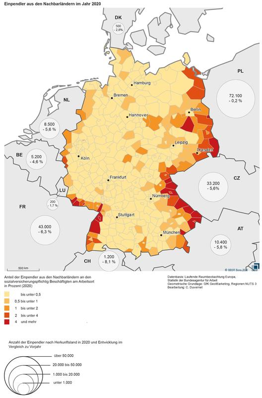 Karte: Berufspendler aus den Nachbarländern im Jahr 2020