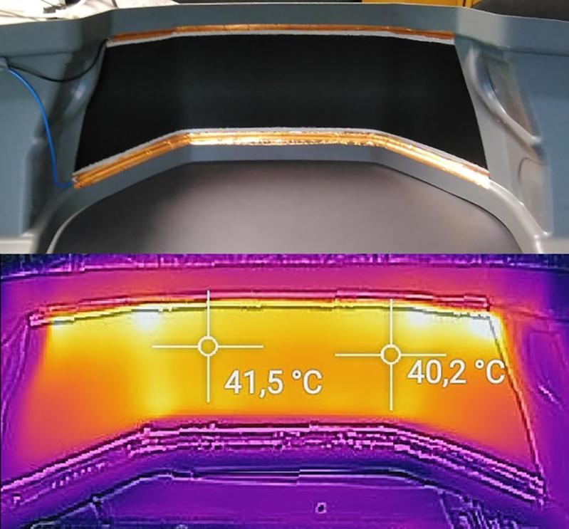 Nano-Wärmetechnologie im Test: Eine CNT-Heizschicht, appliziert auf einem Armaturenträger. Ein erster Test ist gelungen – aber von einem handgefertigten Prototyp zum Serienprodukt ist es noch ein weiter Weg.