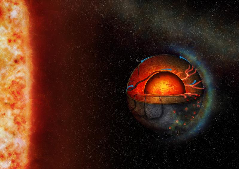 Diese künstlerische Illustration stellt die mögliche innere Dynamik des Exoplaneten LHS 3844b, einer sogenannten Super-Erde, dar. 