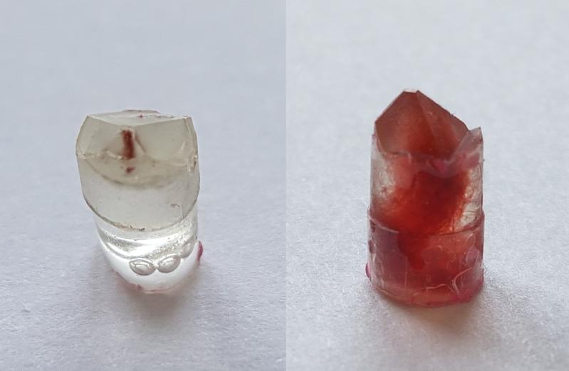 Prepared for analysis using an x-ray fluorescence microscope: Fibres from the historical Pazyryk carpet embedded in epoxy resin (left).The image on the right shows standard samples that the researchers fermented and dyed themselves as a comparison.  