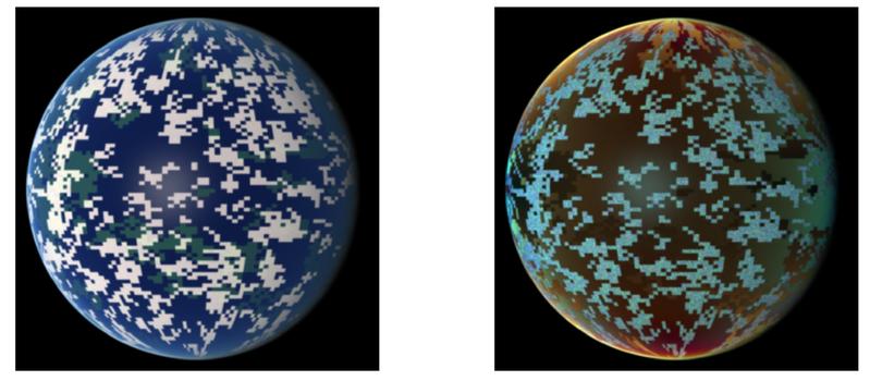 Simulierte Ansichten eines erdähnlichen Exoplaneten. Links das „normale“ Bild, rechts das Ergebnis des Kieler Simulationsverfahrens, das auch die Polarisation der Planetenstrahlung miteinbezieht.