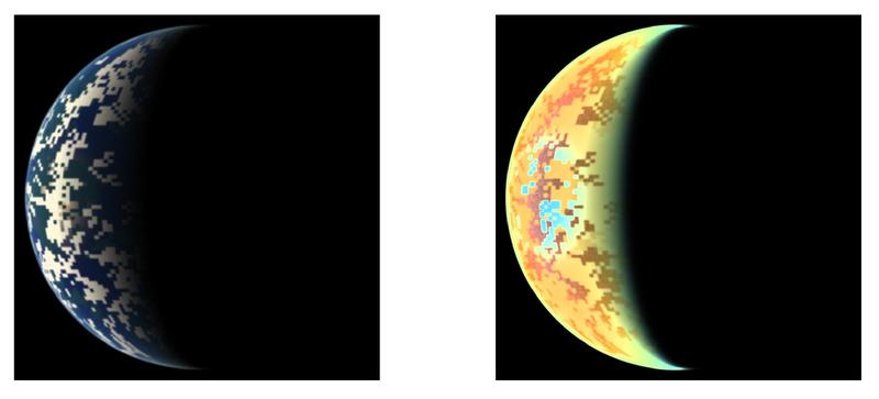 Durch die Veränderung der Beleuchtungssituation ändert sich auch die polarisierte Strahlung des Planeten (rechts), was weitere Schlüsse auf seine Eigenschaften zulässt und eine wichtige Rolle bei der Untersuchung von Exoplaneten spielen wird. 