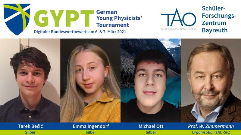 Das Silberteam der Deutschen Physikmeisterschaft 2021 wurde vom TAO-Schülerforschungszentrum der Universität Bayreuth betreut: Tarek Becic vom Frankenwald-Gymnasium in Kronach, Emma Ingendorf und Michael Ott vom Augustinus-Gymnasium in Weiden.