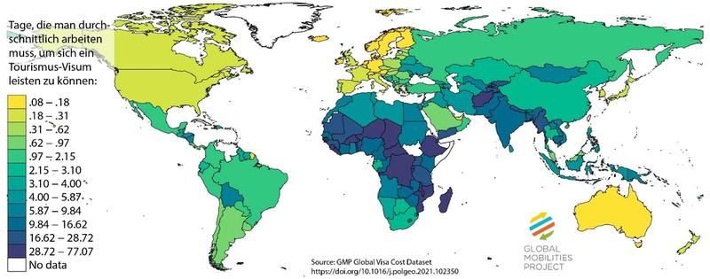 Die Anzahl der Tage, die Menschen dafür arbeiten müssen, um sich ein Visum leisten zu können, ist global sehr unterschiedlich.