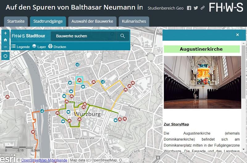 Herzstück der Anwendung sind drei Stadtrundgänge, die an wichtigen Bauwerken Neumanns vorbeiführen.
