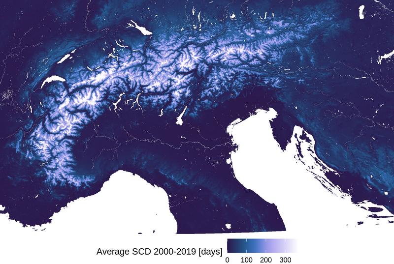 Mittlere Schneebedeckung 2000-2019 aus Satellitendaten