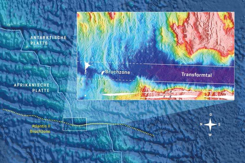 Die Atlantis-II-Bruchzone im südwestlichen Indischen Ozean mit einem Zoom auf die nördliche Ecke. Deutlich zu sehen ist die größere Wassertiefe in im Transformtal.