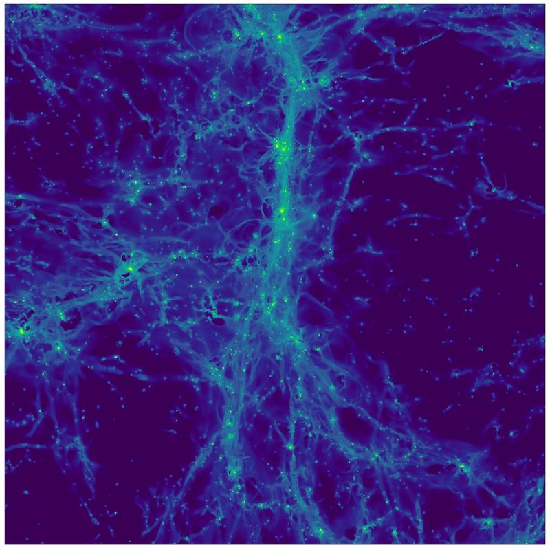 Simulation des „kosmischen Netzwerks“ im frühen Universum. Das Bild zeigt das vorhergesagte Lichtsignal des kosmischen Wasserstoffs innerhalb einer Region von etwa 15 Millionen Lichtjahren Durchmesser. Die kleinen Pünktchen stellen junge Galaxien dar.