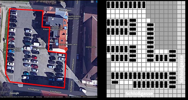 Der Parkplatz Schlossgasse aktuell (links) und im vom Algorithmus neu berechneten Layout (rechts)