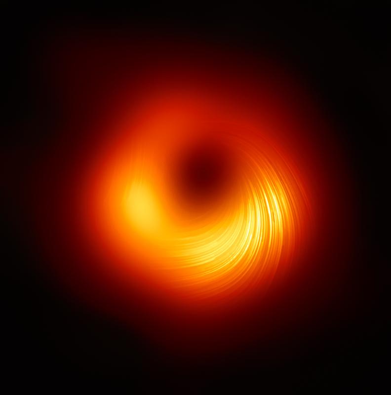Polarisierte Strahlung in Richtung des Schwarzen Lochs im Zentrum der Galaxie M87.  Die Linien zeigen die Ausrichtung der Polarisation, die das Magnetfeld um den Schatten des Schwarzen Lochs abbildet. 