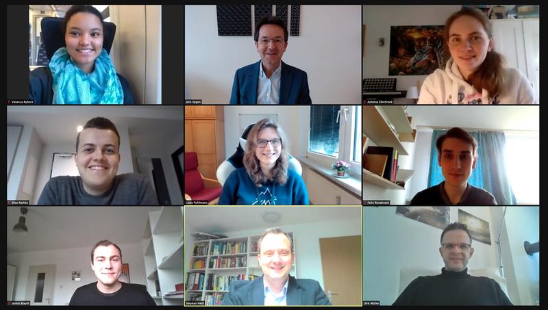 Im Uhrzeigersinn: Professor Jens Vygen (oben), Antonia Ellerbrock, Felix Rosebrock, Dr. Dirk Müller, Professor Stephan Held, Jannis Blauth, Silas Rathke, Vanessa Ryborz und in der Mitte Luise Puhlmann. 