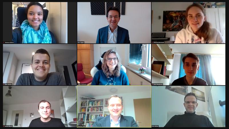 Clockwise, starting at 12 o'clock: Professor Jens Vygen, Antonia Ellerbrock, Felix Rosebrock, Dr. Dirk Müller, Professor Stephan Held, Jannis Blauth, Silas Rathke, Vanessa Ryborz and in the middle Luise Puhlmann. 