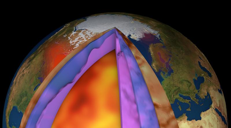 Das neue 3D-Modell kombiniert Satelliten- mit Erdbeben- und Gesteinsdaten und zeigt so zum ersten Mal, wie sehr sich der untere Erdmantel unter verschiedenen Ozeanen unterscheidet. In rot: Erderhebung Nordamerikas infolge von geschmolzenen Gletschern.