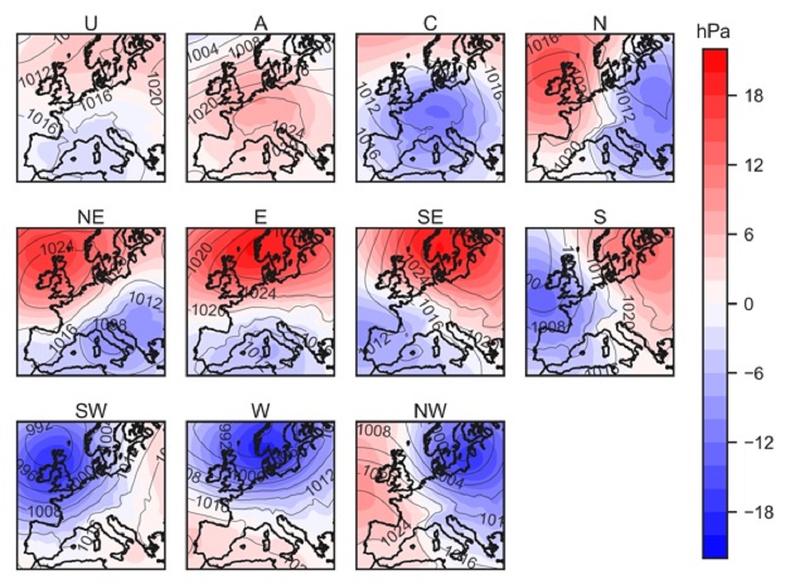 Spatial distribution based on atmospheric pressure and wind direction of the eleven large-scale circulations analyzed over Europe with focus on Germany.