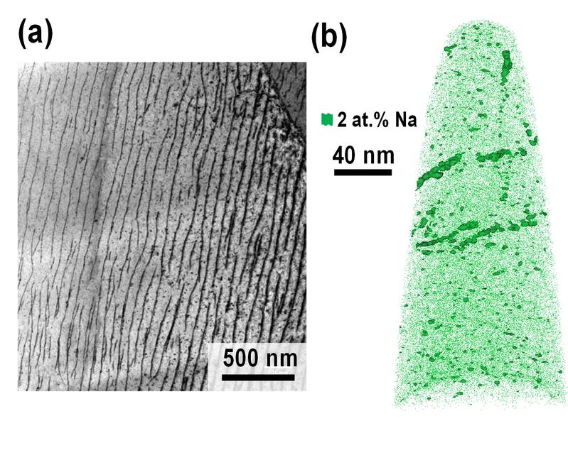 a) Transmission electron microscopy image showing a high density of parallel dislocations. b) Atom probe tomography data revealing that the dislocations are Na rich.