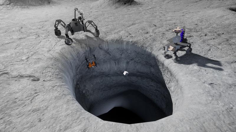 The visualization depicts the mission scenario at the skylight of a lava tube on the moon with the three robot systems SherpaTT (upper left), Coyote III (lower left) and LUVMI (right).