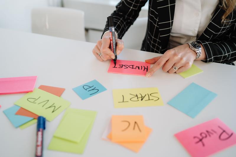 Jemand scheibt "Mindset" auf ein Post-it