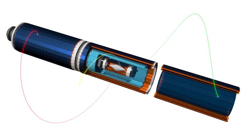 Mu3e-Experiment zur Suche des exotischen Myon-Zerfalls. Der Detektor wird mit hoch-ortsauflösenden Siliziumpixel-Sensoren und einem Pikosekunden-Zeiterfassungssystem instrumentiert. Abb.: Mu3e Kollaboration