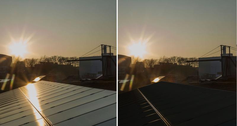 Solarmodule ohne (links) und mit (rechts; visualisiert) Phytonics Folie. Die Folie unterdrückt die Reflexion für alle Wellenlängen und Einfallswinkel des Lichts fast komplett. (Fotos: Andrea Fabry; Bearbeitung: Phytonics) 