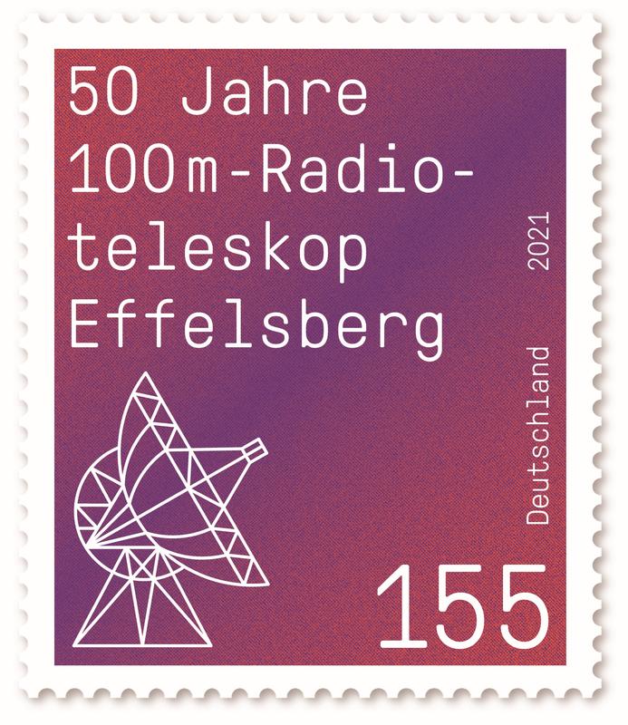 Die Sonderbriefmarke „50 Jahre 100m-Radioteleskop Effelsberg“ mit einem Nennwert von 1,55 Euro erscheint am 1. April 2021.