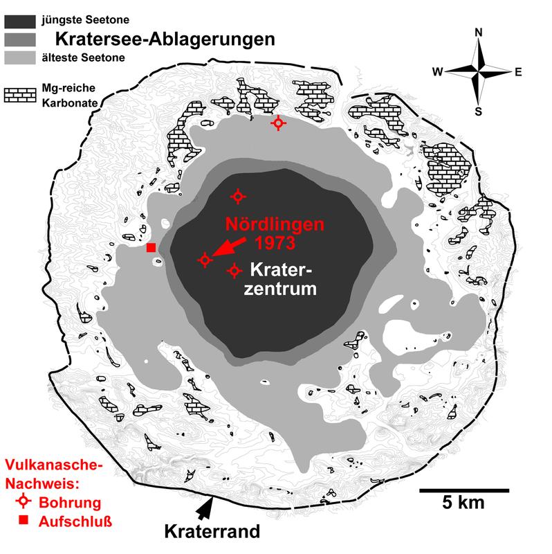 Die konzentrische Anordnung der Schichtausbisse an der Erdoberfläche spiegelt neben der Sedimentsetung selbst vor allem die Sackung des Kraterbodens im Zentrum wider.