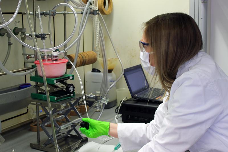 Sophie Schönfeld, research assistant at the University of Bayreuth’s Inorganic Chemistry IV research group, determining the redox potentials of iron complexes. 