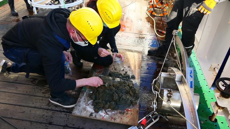 Meeresbiologe Dr. Matthias Brenner und Ute Marx vom AWI untersuchen die Sedimentproben und die biologischen Proben an Bord der HEINCKE. 