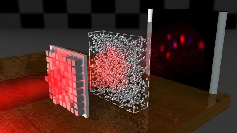 Der Lichtstrahl durchdringt ein ungeordnetes Medium und erzeugt am Detektor trotzdem dasselbe Bild als wäre das Medium gar nicht da.