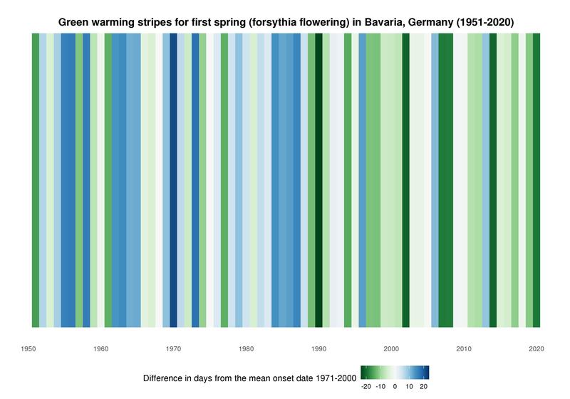 This example of the new display format shows the forsythia bloom in Bavaria from 1951 to 2020. In recent years, it can be observed earlier and earlier. 