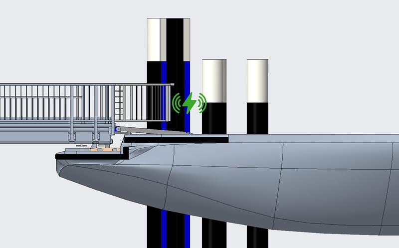 Die Illustration von HTWG-Student Tarek Sadek zeigt, wie sich der Landungssteg passgenau auf das Deck des Fährschiffs absenkt. Über Induktionsplatten wird die kabellose Stromversorgung der Fähre während der Liegezeit im Hafen mit Landstrom möglich.