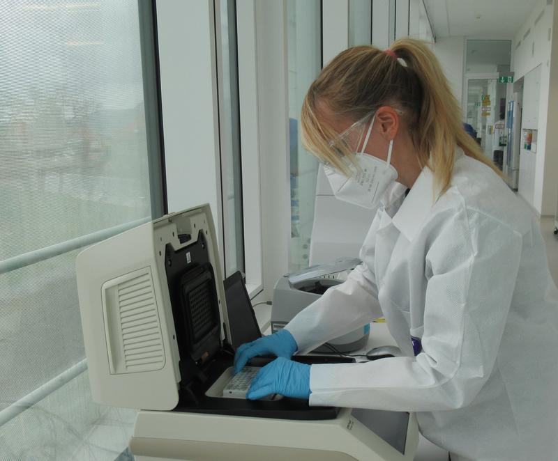 FLI-Mitarbeiterin Sabrina Eichwald beim Beladen der PCR-Maschine.