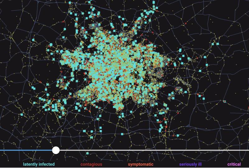 Berlin: Tag 17 einer beispielhaften Ausbreitung; https://covid-sim.info/v3?day=17: Interactive Visualisierung der Covid-19-Virusausbreitung